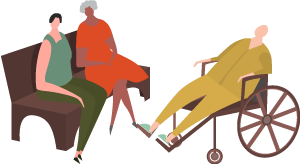 Graphic of two people sitting on couch and one individual in wheelchair
